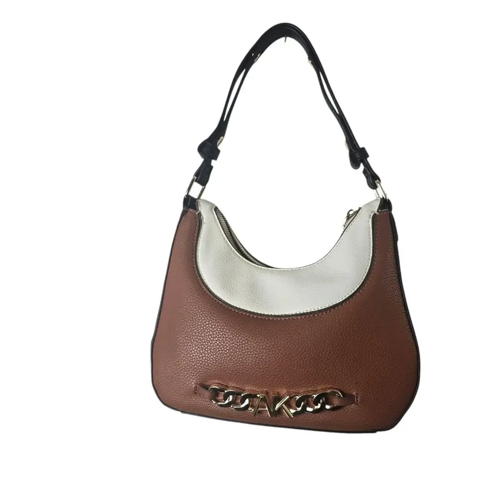 Anne Klein Two Tone Hobo Bag Brown Cream Black Faux Leather Chic Shoulder Purse